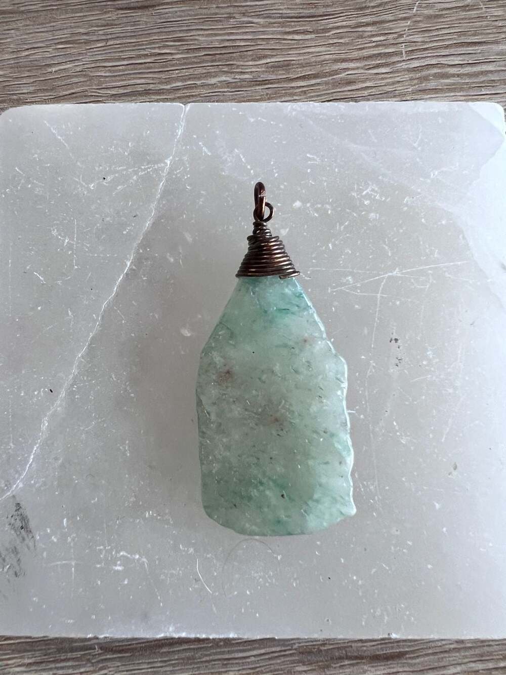 Raw Green Crystal Stone Pendant Necklace with Copper Wire Wrap